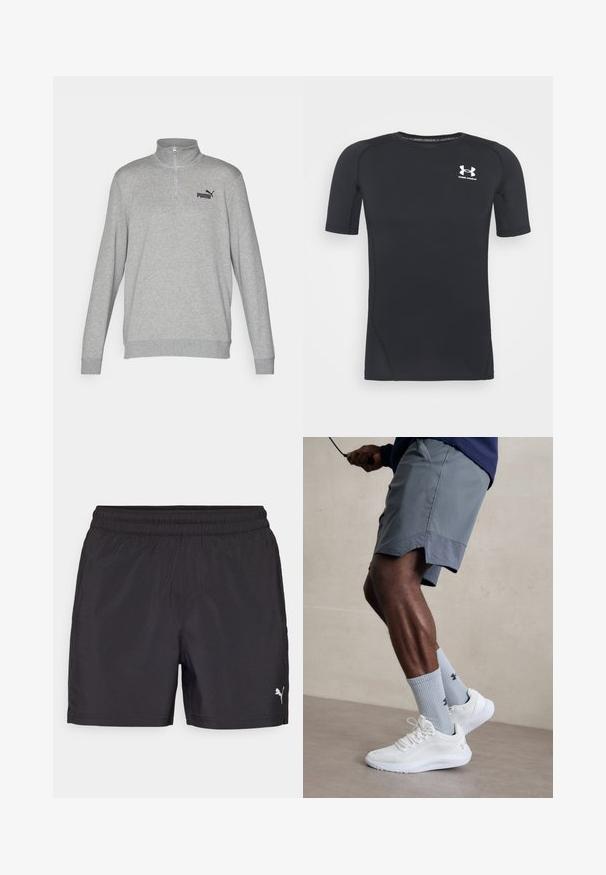 Sweatshirt cinza com gola de meio zip, mangas longas e punhos canelados. Apresenta um pequeno logótipo preto da Puma no lado esquerdo do peito. Textura suave.; Camiseta atlética preta de manga curta, feita de tecido elástico e que absorve a humidade. Apresenta um decote redondo e um pequeno logótipo branco no peito.; Calções desportivos pretos com um cós elástico, feitos de material leve, apresentando um pequeno logotipo branco na parte inferior.; Ténis desportivos brancos com parte superior em malha texturizada, acompanhados por meias caneleadas azul claro com um logótipo. Calções desportivos cinza com acabamento perfurado.