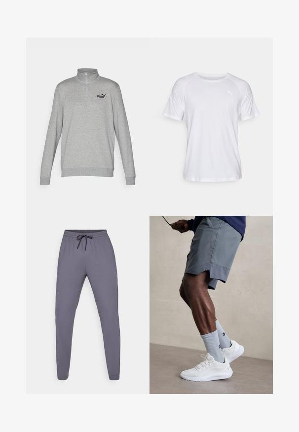 Hallhargiga hall kampsun, millel on pool-zipper kaelus, pikad varrukad ja soonikkoes. Vasakul rinnal on väike must Puma logo. Pehme tekstuur.; Valge lühikeste varrukatega spordipaita, millel on sile tekstuur. Omab ümmargust kaelust ja väikest logo heledas varjus vasakul rinnal.; Hallid mustad sportpüksid elastse vöökoha ja nööriga. Sile tekstuur, kitsenev jalgade disain, külgedel on väike logo.; Valged spordijalatsid tekstuurse võrguga pealispinnaga, millele on lisatud helesinised ribakujulised sokid logoga. Hallid spordilühikesed püksid, millel on perforeeritud ääred.