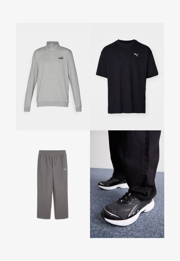 Hallhargiga hall kampsun, millel on pool-zipper kaelus, pikad varrukad ja soonikkoes. Vasakul rinnal on väike must Puma logo. Pehme tekstuur.; Must ärav t-särk lühikeste varrukatega, ümmargune kaelus ja valge Puma logo vasakul ülaosas rinnal. Klassikaline lõige, sile tekstuur.; Hallid hallid sportpüksid elastse vöökohtaga, valmistatud kergest kangast. Vasakul jalal on väike valge logo.; Mustad mustavid jalatsid, millel on võrgusilmast pealistus, valge tald ja mustad aktsendid. Tallal on tekstuur. Kandmine mustade pükste ja sinise vaipkattega pinnal.