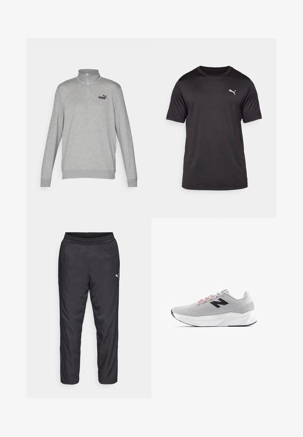 Gray sweatshirt with a half-zip collar, long sleeves, and ribbed cuffs. Features a small black Puma logo on the left chest. Soft texture.; Black athletic t-shirt made of moisture-wicking fabric, round neck, short sleeves, featuring a small white logo on the left chest.; Black athletic pants made of smooth, lightweight material. Features an elastic waistband and a small white logo on the left side.; Light gray athletic shoe with textured knit upper, black side logo, red accents on the lacing, and a cushioned white sole.