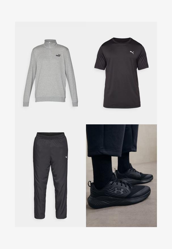 Pelēks džemperis ar pusklausa apkakli, garām piedurknēm un ribotām aprocēm. Iezīmēts ar mazu melnu Puma logotipu uz kreisā krūšu kurvja. Mīksta tekstūra.; Melna sporta T-krekls izgatavots no mitrumu izturoša auduma, ar apaļu kakla izgriezumu, īsām piedurknēm, ar mazu baltu logotipu kreisajā krūtī.; Melnas sporta bikses, kas izgatavotas no gluda, viegla materiāla. Iespējas ietver elastīgu jostu un mazu baltu logotipu kreisajā pusē.; Persona, kurš valkā melnus sporta apavus ar teksturētām sāniem un logo, kombinēti ar melnām zeķēm un īsām biksēm uz gaišas grīdas.