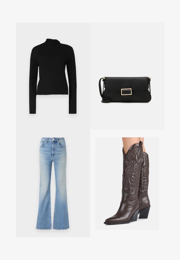 Pull over encolure montant noir à côtes avec des manches longues et une silhouette ajustée. Il présente un tissu texturé et un matériau doux et extensible.; Jean évasé bleu clair en denim, doté d'une taille haute, d'un design à cinq poches et d'un dégradé subtil vers l'ourlet.; Bottes de cowboy en cuir marron avec un bout pointu et un talon bloc, présentant des coutures détaillées et des accents en relief sur la tige.; Pochette en cuir noir avec un rabat et un détail en boucle en métal doré. Inclut une sangle noire et un design épuré et minimaliste.; Boucles d'oreilles en argent en forme de créoles avec un design torsadé, dotées d'une finition polie et d'une fermeture à poussoir. Mesurent environ 3 cm de diamètre.