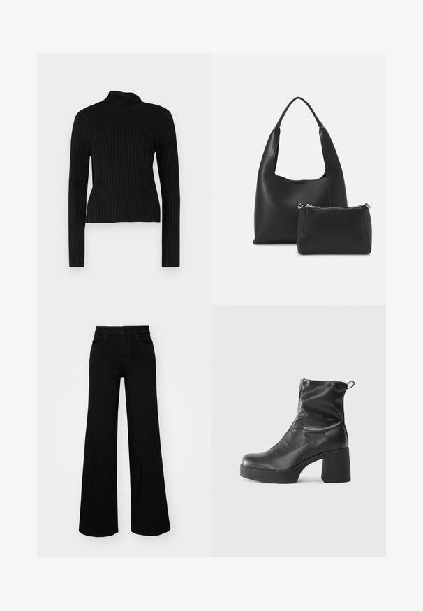 Melnā ribiņotā džemperis ar augstu apkakli, garām piedurknēm un pieguļošu siluetu. Iezīmējas ar teksturētu audumu un mīkstu, elastīgu materiālu.; Melni plaša kāju bikses, izgatavotas no džinsa, ar strukturētu jostu, jostu cilpiņām un priekšējām kabatām. Gluda tekstūra ar klasisku dizainu.; Melni potītes zābaki, kas izgatavoti no gludas ādas, ar sānu rāvējslēdzēju, masīvu strukturētu papēdi un noapaļotu purngalu.; Even&Odd Rokassoma - black