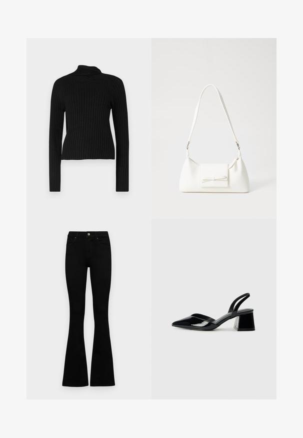 Must mustriga turtleneck-sviiter, millel on pikad varrukad ja vormitud siluett. Omab tekstureeritud kangast ja pehmet, venivat materjali.; Mustad kõrge vöökohtadega teksad, millel on nööp ja lukuga sulgemine, esikäe taskud ja laienevad sääred, asetatud tasasele valgele taustale.; Mustad musta lakknahk kingad, millel on terav varvas ja geomeetriline plokkkonts. Omab elegantselt minimalistlikku disaini ja sujuvat tekstuuri.; Valge sünteetilisest materjalist kott kolmnurkse kujuga, lame esiklapiga ja kaaredetailiga, reguleeritava rihmaga, sileda tekstuuriga ja minimalistliku disainiga.