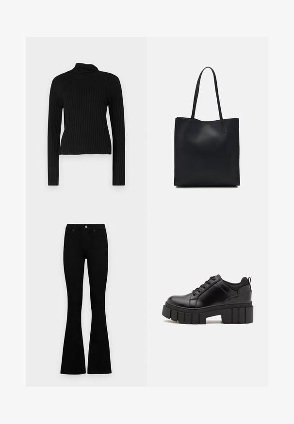 Czarny, prążkowany sweter z golfem, z długimi rękawami i dopasowanym krojem. Wykonany z teksturowanej tkaniny i miękkiego, elastycznego materiału.; Czarne, wysokie dżinsy z guzikem i zamkiem błyskawicznym, z przednimi kieszeniami i rozszerzanymi nogawkami, leżące płasko na białym tle.; Czarne skórzane buty na platformie z masywnym słupkowym obcasem, okrągłym noskiem i klasycznym sznurowaniem. Posiadają gładką teksturę i minimalne wykończenia.; Czarna skórzana torba tote o gładkiej fakturze, prostokątnym kształcie i dwóch długich uchwytach. Brak widocznych elementów metalowych i ozdób.