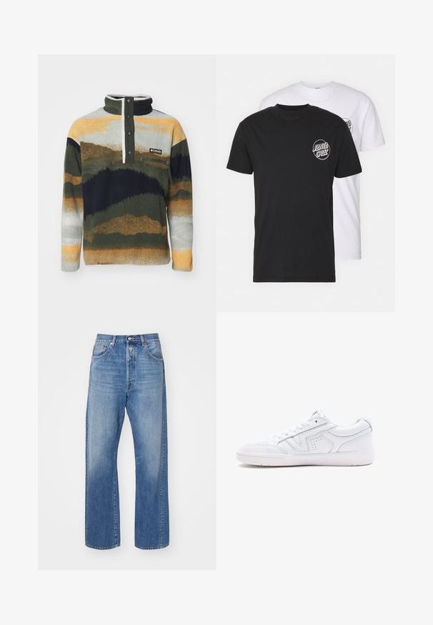 Columbia HELVETIA - Flisinis džemperis - greenscape; Dviejų marškinėlių komplektas: vieni juodi, kiti balti. Abu turi trumpas rankoves ir apvalų logotipą ant krūtinės kontrastingos spalvos. Pagaminti iš medvilnės.; Šviesiai mėlynos džinsinės kelnės su tiesiomis kojomis, turinčios mygtukų užsegimą, penkias kišenes ir švelnų audinio išblukimą.; Baltos odinės sportinės bateliai su žemu dizainu, apvaliu toe, perforuotais detalėmis ir kalta apačia. Įtrauktos raišteliai ir subtilūs siuvinėjimo akcentai.