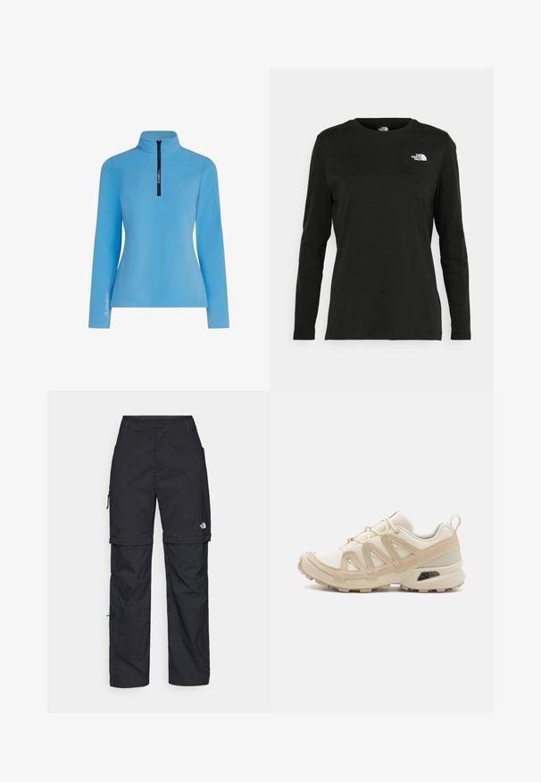 Lyseblå fleecepullover med halvlynlås krave. Har lange ærmer og et Polartec-logo på venstre ærme. Glat tekstur.; Sort langærmet t-shirt lavet af bomuld med rund hals. Har et lille hvidt logo på venstre brystområde. Enkel design og pasform.; Sorte nylon cargo bukser med lynlås, justerbare manchetter, flere lommer og et logo på højre ben. Glat, let tekstur.; Beige og creme atletiksko med struktureret mesh-overdel, støttende overlays og gummiyderside med et mønster for trækkraft.