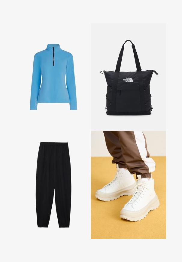 Svetlomodrý fleecový pulóver s polovičným zipsom a golierom. Má dlhé rukávy a logo Polartec na ľavom rukáve. Hladká textúra.; Čierne, ľahké nohavice s elastickým pásom a zúženými nohavicami. Tkanina je hladká a má voľný, zúžený strih.; Biele vysoké tenisky s hrubou štruktúrovanou podrážkou, majúce hladký zvršok, okrúlu špičku a zladené šnúrky, na žltom pozadí.; Čierna taška cez rameno s polstrovaným dizajnom, horným zipsom, dvojitými krátkymi popruhmi a logom vpredu; má bočné vrecká a nastaviteľné popruhy.