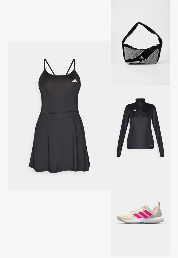 Melnā sportiskā puloveris ar pusvāciņu, garām piedurknēm, balto logo uz krūtīm un strukturētu audumu ventilācijai.; Melna sporta kleita ar pieguļošu augšdaļu, plānām siksnām un izplestu svārku. Augšējā kreisajā stūrī redzama balta Adidas logo. Gluda tekstūra.; Beige sporta apavi ar rozā trīs svītru logotipu, strukturētu acu augšdaļu, mīkstu apkaklīti un balto gumijas zoli, ar "LIGHTSTRIKE" zīmolu.; Melnā un sudraba adidas rokas soma ar gludu tekstūru, kurai ir spīdīga studēta raksts un izteiksmīgs izliekts dizains.