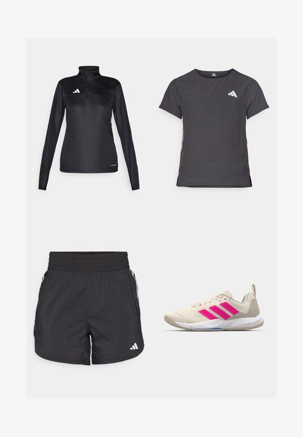 Pull-over de sport noir avec un col à demi-fermeture éclair, des manches longues, un logo blanc sur la poitrine et un tissu texturé pour la respirabilité.; T-shirt de sport à manches courtes, gris foncé avec une texture perforée. Présente un logo blanc et des rayures latérales contrastantes. Encolure arrondie.; Shorts de sport noirs avec une taille élastique, des poches latérales et des accents de rayures blanches sur les côtés. Fabriqués en matériau léger.; Baskets de sport beiges avec un logo à trois bandes roses, tige en maille texturée, col rembourré et semelle en caoutchouc blanc, arborant le marquage "LIGHTSTRIKE".