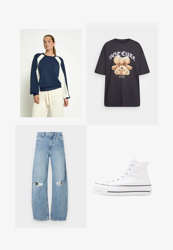 PEPPERCORN DICETTE - Collegepaita - black iris; Mustat ylisuurent-paidat, joissa on karhun grafiikka ja teksti "EI SULOINEN VAAN VILLI" rohkealla valkoisella fontilla. Puuvillamateriaali.; Vaaleansiniset, korkeavyötäröiset farkut, jotka on valmistettu denimmateriaalista. Ominaisuuksiin kuuluvat leveät lahkeet, kaksi revittyä polvialuetta ja klassinen viiden taskun tyyli.; Valkoiset korkeavartiset kangaskengät mustalla kumipohjalla, edessä kuminen varvasosa ja kuusi nauha-aukkoa, puhtaan minimalistisella muotoilulla.