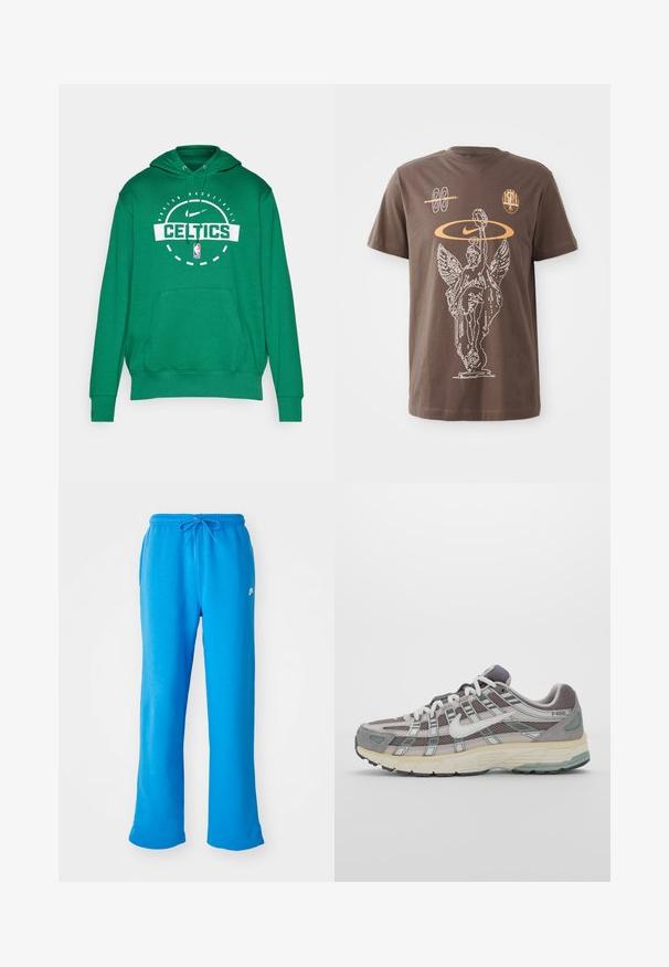 Zeleno močično s kapuco, z belim logotipom "CELTICS", kenguru žepom in rebrastimi manšetami. Narejeno iz mehkega blaga.; Rjava bombažna majica s kratkimi rokavi in krožnim ovratnikom, ki ima belo obrobo grafike krilate skulpture, Nike logotip in abstraktne oblike v oranžni barvi.; Modre trenirke iz mehkega materiala, z udobnim krojem, elastičnim pasom z vrvico in majhnim belim logotipom na levi strani.; Sive športne čevlje z zgornjim delom iz mrežastega in semiš materiala, belimi akcenti, oblazinjenim podplatom ter edinstvenim dizajnom z odsevnimi elementi.