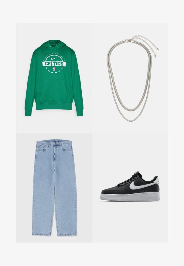 Zelená mikina s kapucňou, so žiarivým logom "CELTICS" v bielej farbe, klokankovou kapsou a rebrovanými rukávmi. Vyrobená z mäkkej tkaniny.; Svetlomodré denimové džínsy s rovnými nohavicami, s polovysokým pásom, piatimi vreckami a zapínaním na gombík a zips.; Čierne kožené tenisky s textúrovaným povrchom, biely Nike swoosh, šedá podrážka, okrúle špičky a šnurovací dizajn. Obsahuje perforácie na špičke.; Trojvrstvový náhrdelník zo strieborného kovu s elegantnými, flexibilnými reťazami s jemným leskom, zabezpečený sponou typu langusta a nastaviteľným reťazcom.
