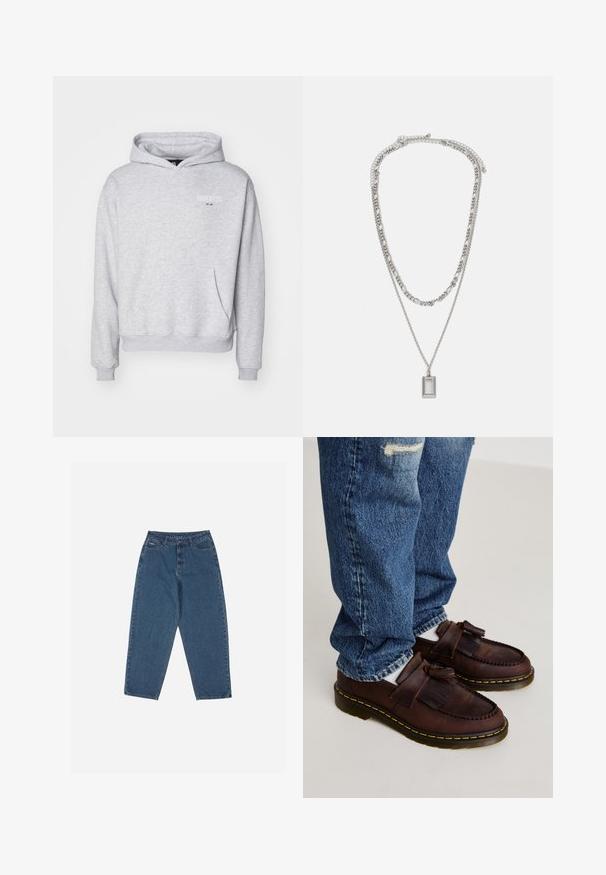 Legacies JUVENTUS TURIN ETHOS HOOD - Klubbklær - grey marl; Svart langermet T-skjorte laget av bomull, med rund hals og rett snitt, med en liten logo detalj på ermene.; Blå denim jeans med en avslappet passform, høy midje, femlommesdesign og sømdetaljer. Har en knapp- og glidelås-lukking.; Brune lærloafers med frynse detaljer, der har et syet design og en gul gummisål. Sammen med slidte blå jeans.; Sølvkjede med to lagdelte kjeder; har et rektangulært anheng med en jevn overflate, som viser en polert metallfinish.