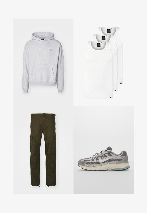Legacies JUVENTUS TURIN ETHOS HOOD - Klupska odjeća - grey marl; Tri bijele rebraste majice bez rukava od pamuka. Imaju okrugli izrez i male crne oznake blizu rubova. Dostupne su u više veličina.; Maslinaste zelene cargo hlače izrađene od izdržljivog materijala, s kopčanjem na dugme, višestrukim bočnim džepovima i elastičnim manžetama na zapešćima.; Siva sportska tenisica s gornjim dijelom od mrežaste tkanine i zamshta, bijelim detaljima, amortizirajućom potplatom i prepoznatljivim dizajnom s refleksivnim elementima.