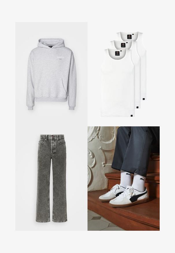 Legacies JUVENTUS TURIN ETHOS HOOD - Equipación de clubes - grey marl; Tres camisetas sin mangas de algodón de color blanco con canalé. Cuentan con cuello redondo y pequeñas etiquetas negras cerca del dobladillo. Disponibles en múltiples tamaños.; Jeans de pierna ancha en denim negro deslavado, con cierre de botón, diseño de cinco bolsillos y costuras de contraste a lo largo de las costuras.; Zapatillas Puma en gamuza blanca y negra, con una suela de goma marrón. Combinadas con calcetines blancos que muestran un logo negro, llevados con pantalones oscuros.