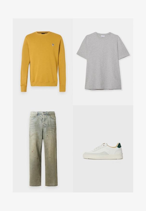 Sweatshirt jaune moutarde à col rond, avec des poignets et un ourlet côtelés, présentant un petit motif brodé sur la poitrine. Texture de tissu douce.; T-shirt gris à manches courtes fabriqué en tissu doux et texturé. Présente un col rond classique et un ourlet droit, idéal pour une tenue décontractée.; Jeans en denim déchiré de couleur vert clair, avec une coupe droite, un design à cinq poches et un délavage inégal agrémenté de taches de peinture.; Baskets blanches avec des accents en daim, bout arrondi, lacets plats et semelle en caoutchouc crème. Présente une marque verte sur le talon.