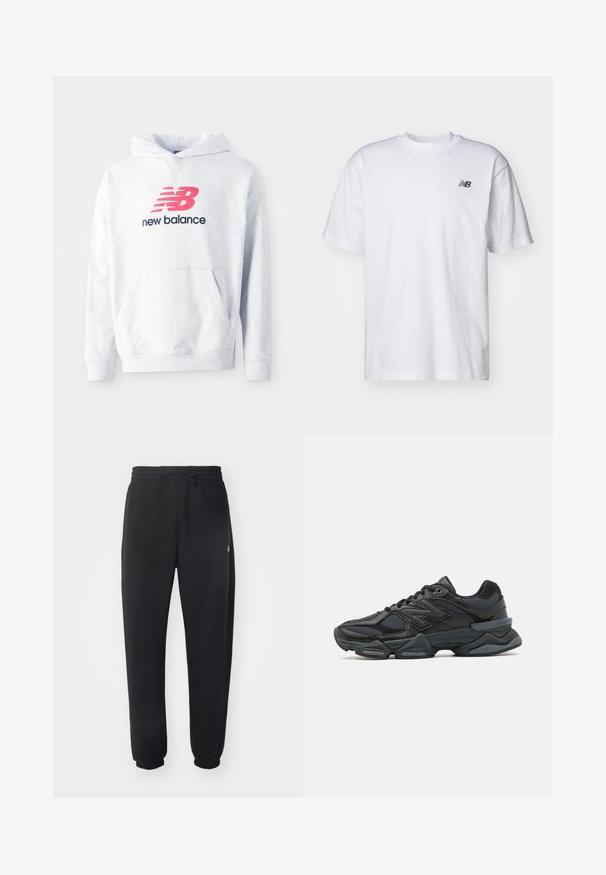 Sweatshirt cinza-claro com um bolso tipo canguru à frente e logo vermelho "NB" acima do texto "new balance" em preto no peito.; T-shirt branco de manga curta com decote redondo e pequeno logo preto da New Balance no lado esquerdo do peito, em fundo simples.; Calças de treino pretas feitas de material suave, com cintura elástica, cordão e punhos ajustados, apresentando um logótipo discreto na lateral.; Sapato de corrida preto com uma combinação de malha e materiais sintéticos, sola robusta, design curvado e uma marca de destaque na lateral.