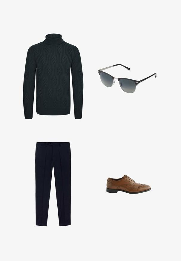 Tmavo zelený rolák vyrobený z texturovanej pleteniny, s prúžkovaným vzorom a rebrovanými manžetami a lemom pre tesný strih.; Balenie troch tričiek: jedno čierne a dve biele. Každé má okrúhly výstrih, krátke rukávy a je vyrobené z hladkej bavlnenej tkaniny.; Námornícke modré nohavice s plochým predným dizajnom, vyrobené z hladkej tkaniny. Medzi vyznačené detaily patrí dve bočné vrecká a zips s gombíkovým zapínaním.; Hnedé kožené spoločenské topánky s jemným broguingom, okrúhlym špico a plochým podpätkom. Obsahujú päť dierok na šnurovanie a hladký povrch.; Čierne a strieborné slnečné okuliare v tvare mačacích očí so stupňovými šošovkami a kovovými akcentmi na ráme. Plastové nožičky s šedými koncami.