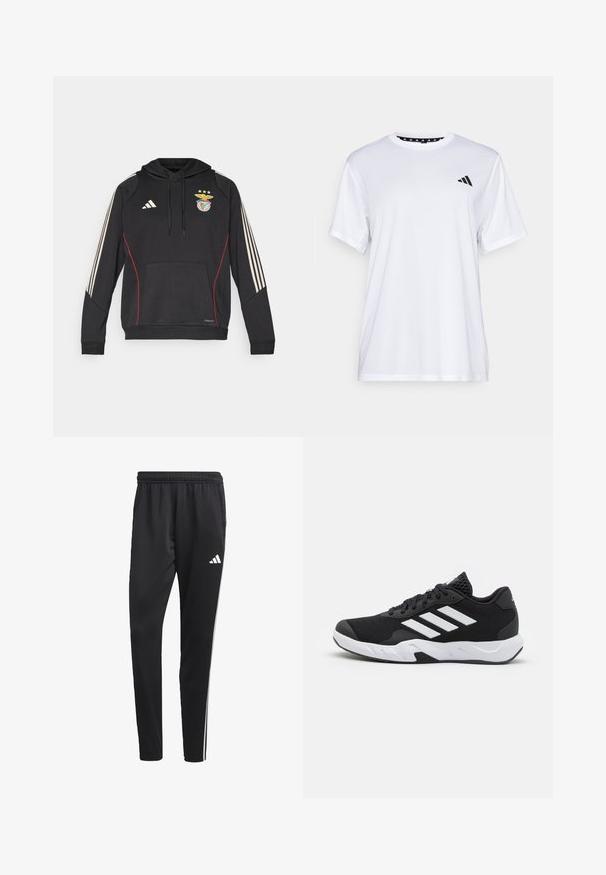 Felpa nera Adidas con tasca frontale, dettagli rossi e tre strisce beige su ciascun manica. Presenta un logo del Benfica e cappuccio con cordini.; Maglietta sportiva bianca a maniche corte, realizzata in tessuto traspirante. Presenta un logo nero sul lato sinistro del petto e un collo interno a fantasia.; Pantaloni sportivi neri con una cintura elastica, strisce laterali bianche e un piccolo logo bianco sulla coscia. Realizzati in un materiale liscio e leggero.; Scarpe da ginnastica nere con una tomaia in mesh texturizzata, strisce bianche di accento, suola imbottita e tallone rinforzato per supporto.