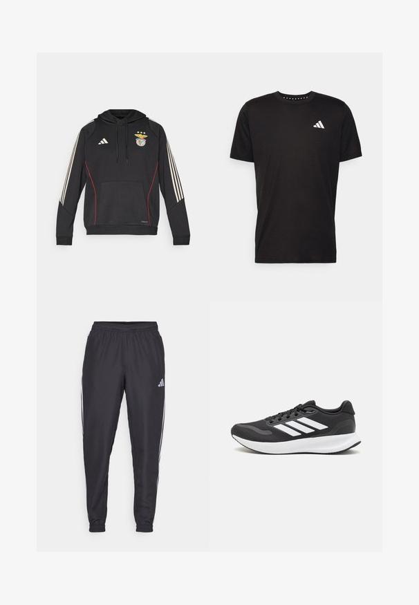 Svart Adidas hettegenser med frontlomme, røde detaljer og tre beige striper på hver erme. Har Benfica-logo og drastreng til hetten.; Svart bomulls t-skjorte med korte ermer, rund hals og en hvit logo på venstre bryst. Glatt tekstur og enkelt design.; Svart treningsbukser med elastisk liv, med hvite striper langs sidene og en liten logo på hoften. Glatt tekstur.; Svarte sportsko med pustende mesh-overdel, hvite detaljer og en polstret såle. Har tre striper-logo på siden.