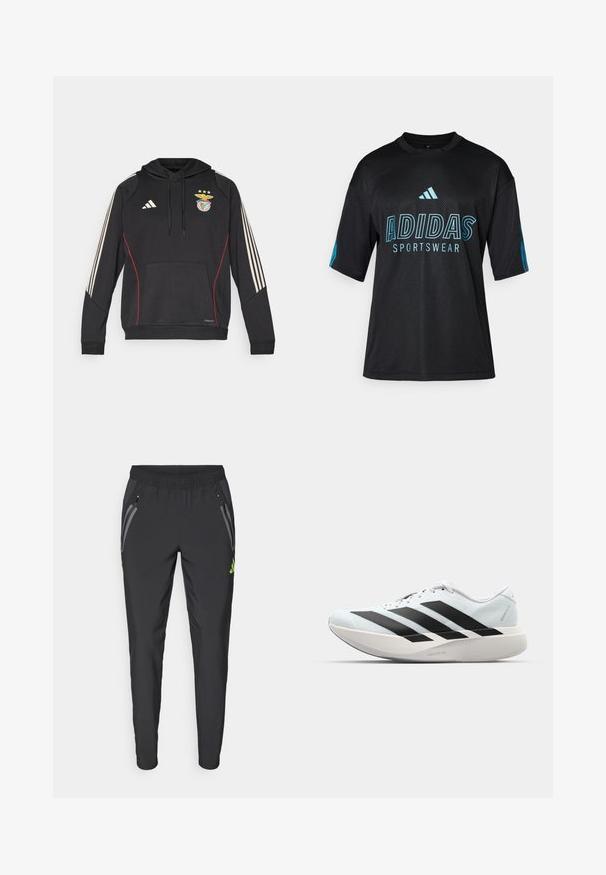 Fekete Adidas kapucnis pulóver elöl zsebbel, piros díszítéssel és három bézs csíkkal mindkét ujján. Benfica logóval és húzózsinórral ellátott kapucnival rendelkezik.; Fekete Adidas sportpóló hálós textúrával, rövid ujjakkal, kerek nyakkal és kék logóval, valamint feliratozással az elején és az ujjakon.; adidas Performance REAL MADRID TIRO25 PRO VIS TECH TRAVEL PANT - Klubruházat - black/lucid lemon; Világoskék, fekete csíkos könnyű futószerek. Simább felső résszel, kerek orral és vastag fehér középtalppal, amelyen a "LIGHTSTRIKE PRO" felirat olvasható.