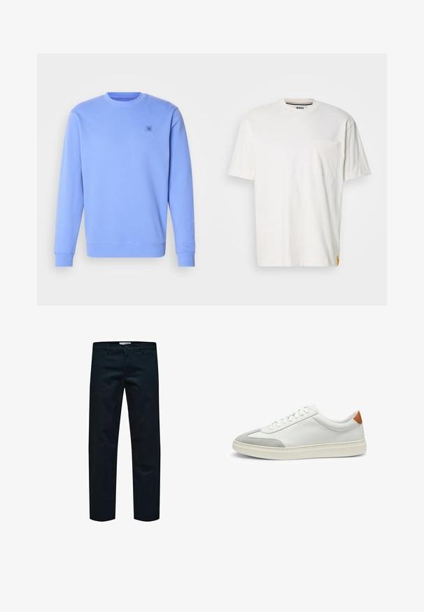 Light blue sweatshirt made of soft fabric, featuring a crew neck, ribbed cuffs, and a small, subtle logo on the chest.; White cotton t-shirt with a round neck, short sleeves, and a left chest pocket. Features a small logo tag on the side seam.; Black cotton trousers with a straight-leg design, featuring a simple button closure and standard pockets. Smooth texture and no visible patterns.; White leather sneakers with gray suede accents and a tan leather heel tab. Features a textured surface and lightweight sole.