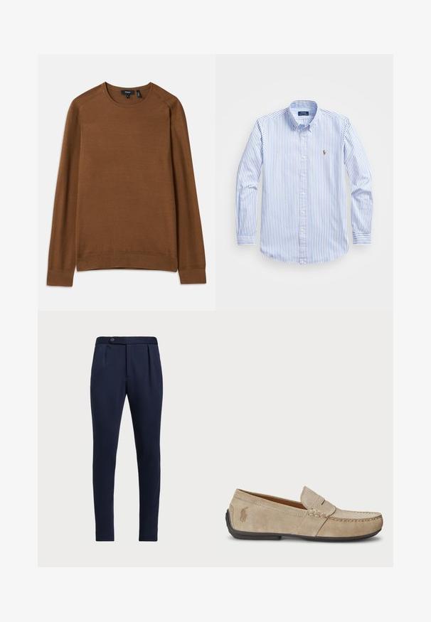Pulover tricotat maro, cu guler rotund, mâneci lungi tip raglan și un model texturat. Dispune de mansete și tiv ribbate pentru un aspect ajustat.; Cămașă cu dungi albastre deschise și albe, cu guler clasic, mâneci lungi și un mic logo brodat pe piept.; Pantaloni personalizați bleumarin, cu față plată, două plinuri frontale și un sistem de închidere cu un singur nasture, având un material neted și texturat.; Loafers din suede bej, cu detalii cusute, talpă din cauciuc plat și un logo mic pe lateral. Design clasic de tip slip-on, textură moale.