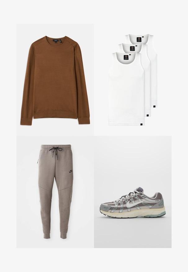 Hnědý pletený svetr s kulatým výstřihem, dlouhými raglánovými rukávy a texturovaným vzorem. Obsahuje žebrované manžety a lem pro přiléhavý vzhled.; Tři bílé žebrované tílka vyrobené z bavlny. Mají kulatý výstřih a malé černé štítky poblíž lemu. Dostupné v několika velikostech.; Šedé Nike tepláky s elastickým pasem na šňůrku, zúženými nohavicemi, bočními kapsami a charakteristickým švem. Měkká, strukturovaná tkanina.; Šedá sportovní obuv s vrchní částí z mikrovlákna a semiše, bílými akcenty, polstrovanou podrážkou a jedinečným designem s reflexními prvky.