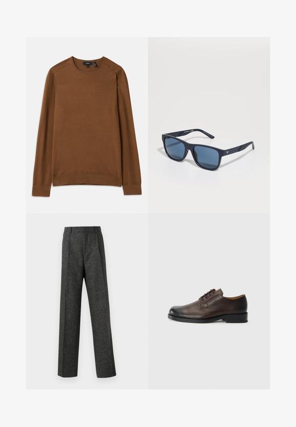 Smešani smeđi pleteni pulover s okruglim izrezom, dugim raglan rukavima i teksturiranim uzorkom. Ima rebraste manžete i rub za uski izgled.; Sive prilagođene hlače od teksturiranog materijala, s dva prednja nabora i ravnim krojem. Nema vidljivih džepova ili ukrasa.; Smeđe kožne cipele s zaobljenim nosom, niskim potpeticama, vezanjem i glatkom teksturom. Imaju minimalno šivanje i sjajan završni sloj.; Plave pravokutne naočale s tamnim lećama, mat mornarsko plavi okvir, detalj s logotipom na sljepoočnici, ravne nogice i čvrsta, glatka tekstura.