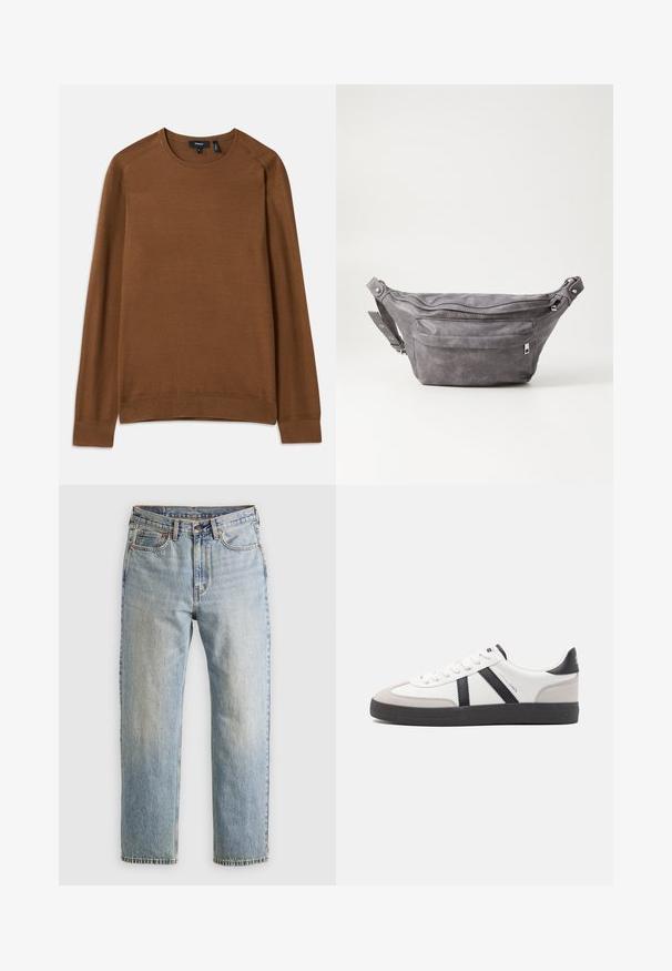 Barna kötött pulóver, kerek nyakkivágással, hosszú raglán ujjakkal és texturált mintával. Bordás mandzsetta és alj a sportos megjelenésért.; Világoskék farmernadrág magas derékkal, elülső gombbal, cipzárral és öt zsebbel, sima háttérre fektetve.; Fehér sneaker fekete és szürke részletekkel, textúrált szürke orr résszel, fekete gumitalppal és lapos fehér fűzőkkel. Tiszta dizájn, minimalista stílus.; Szürke velúr övtáska kerek formával, két cipzáras rekesszel és állítható pánttal. Fém dekorációval rendelkezik.