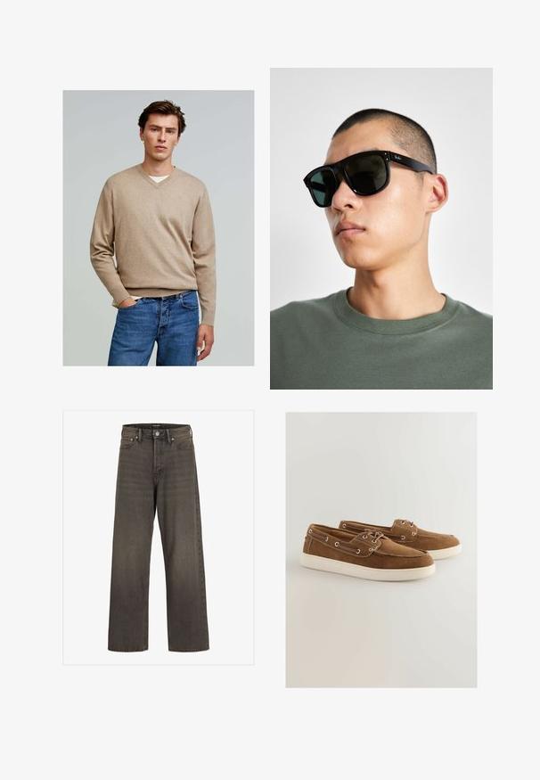 Scalpers V NECK - Strickpullover - taupe; Weite Jeans aus dunkelgrauem Denim mit hoher Taille, klassischem Fünf-Taschen-Design und kontrastierendem Stepp entlang der Nähte.; Braune Wildlederschuhe mit einer weißen Gummisohle, Schnürdesign, metallischenösen und kontrastierenden Nähten entlang der Kanten.; Schwarze rechteckige Sonnenbrille mit dunklen Gläsern, die eine markante Form und eine Markierung am Bügel aufweist. Getragen von einer Person in einem grünen Hemd.