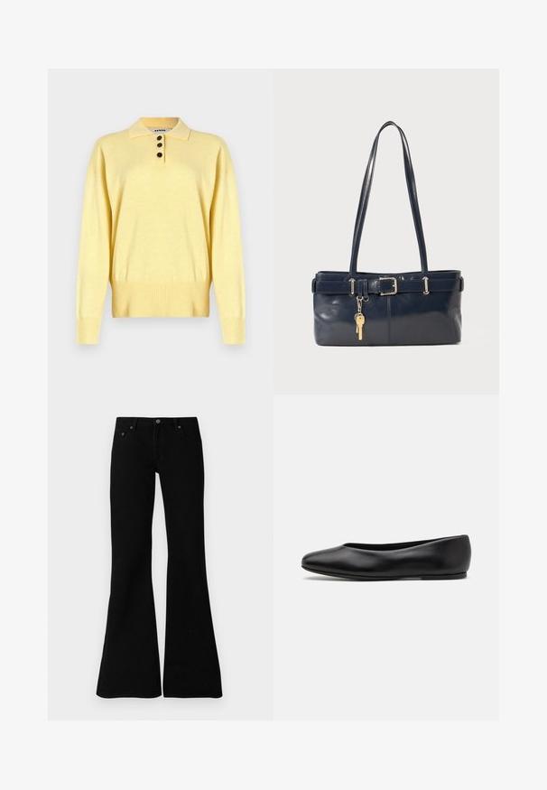 Gelbes, gestricktes Polo Sweatshirt mit Kragen, ausgestattet mit drei dunklen Knöpfen, geripptem Saum und langen Ärmeln, aus weichem Material gefertigt.; Schwarze Bootcut-Jeans aus Denim, die über ein klassisches Fünf-Taschen-Design, einen Knopfverschluss und dezente Nähte entlang der Säume verfügen.; Paul Smith TOPANGA - Klassischer Ballerina - black; Marineblaue Lederhandtasche mit zwei langen Griffen, einer Schnallen-Detailierung und einem daran befestigten Schlüsselanhänger. Besitzt eine glatte Textur und eine rechteckige Form.