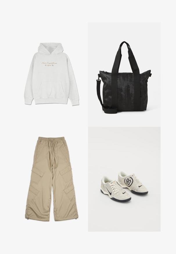 Ljusgrå hoodie gjord av mjukt tyg med en framficka. Har kursiv text och blommor i accent på bröstområdet.; Beiga cargo byxor med dragsko i midjan, flera sidofickor och en avslappnad passform. Tillverkade av lätt, slät tyg med sömnadsdetaljer.; Nike-sneakers med en beige och grå texturerad ovandel, svarta detaljer, en stor "90"-logotyp, och en vit snörning. Svart sula.; Svart tygväska med texturerat material, dubbla topphandtag och en avtagbar axelrem. Har ett dragkedjestängning för säker förvaring.
