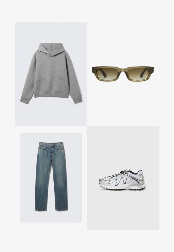 Pilkas džemperis su gobtuvu, pagamintas iš minkštos medžiagos, turi didelę priekio kišenę, gilią gobtuvą ir ribotas rankogalius su laisvu kirpimu.; Mėlynos tiesios džinsinės kelnės su priekiniais ir monetų kišenėmis, diržo kilputėmis ir metaliniu mygtuku užsegimui ant vientiso fono.; Balti sportiniai bateliai su tinklelio viršumi, juodais akcentais, tekstūruotu guminio pado ir elastinga šnūrų sistema. Lengvi, su šiuolaikišku dizainu.; Rudos gradiento saulės akiniai su stačiakampiu pavidalu, storais rėmeliais ir juodomis šakėmis. Skaidri ruda medžiaga suteikia gylio.