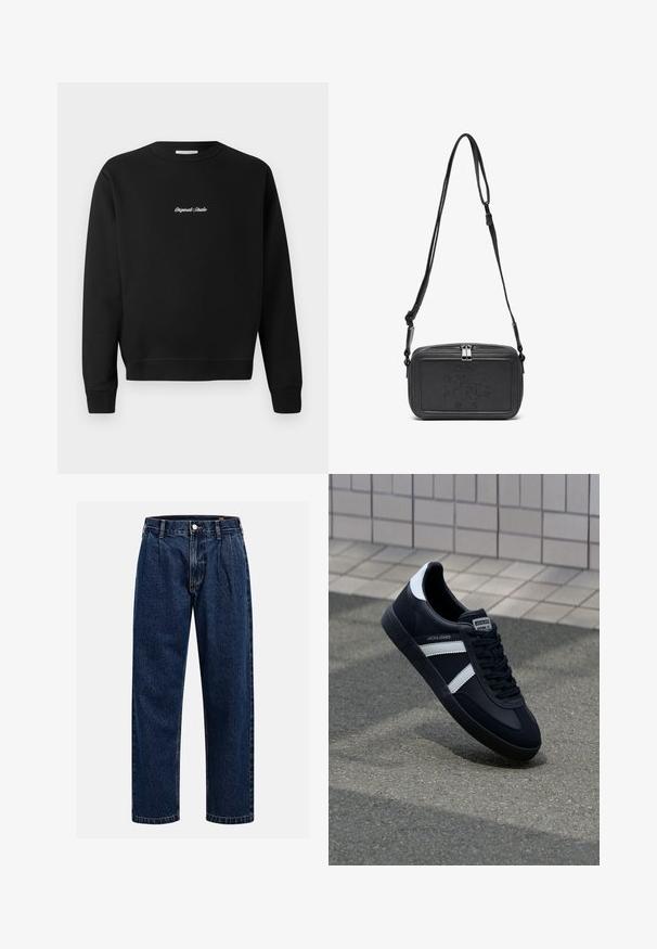 Svart hettegenser med rund hals, lange ermer og ribbede mansjetter, med "Original Studio" brodert i hvitt på forsiden.; Mørkeblå denimjeans med rett ben-design. Har synlige sømmer, knappestengning og frontfolder for ekstra detaljer.; Sorte lærersneaker med hvite striper, teksturert gummihæl og snøring foran. Har et merketikett på tungen.; Svart skinn crossover-veske med glidelås, preget logo på fronten og justerbar stropp. Glatt tekstur med rektangulær form.