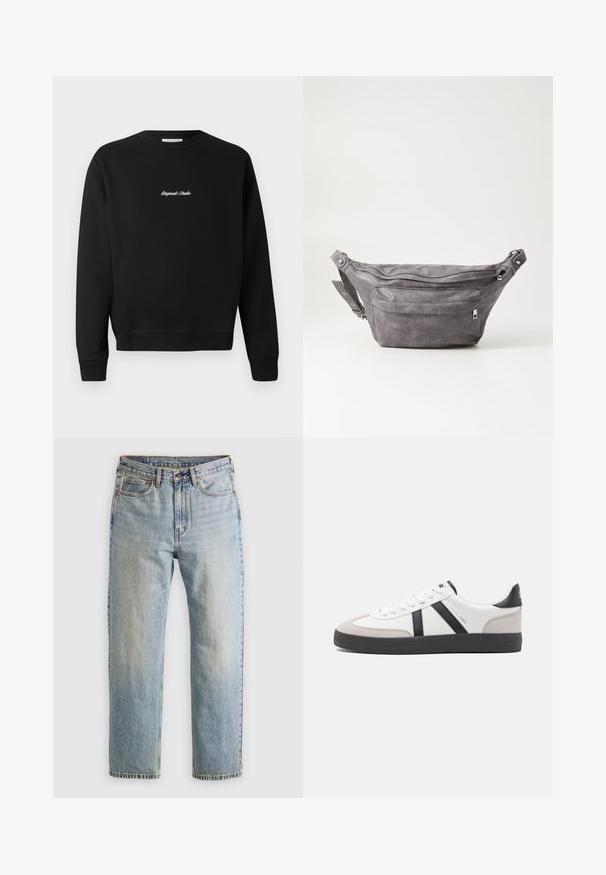 Fekete pulóver lekerekített nyakú, hosszú ujjú és bordás mandzsettájú, az elején fehér hímezett "Original Studio" felirattal.; Világoskék farmernadrág magas derékkal, elülső gombbal, cipzárral és öt zsebbel, sima háttérre fektetve.; Fehér sneaker fekete és szürke részletekkel, textúrált szürke orr résszel, fekete gumitalppal és lapos fehér fűzőkkel. Tiszta dizájn, minimalista stílus.; Szürke velúr övtáska kerek formával, két cipzáras rekesszel és állítható pánttal. Fém dekorációval rendelkezik.