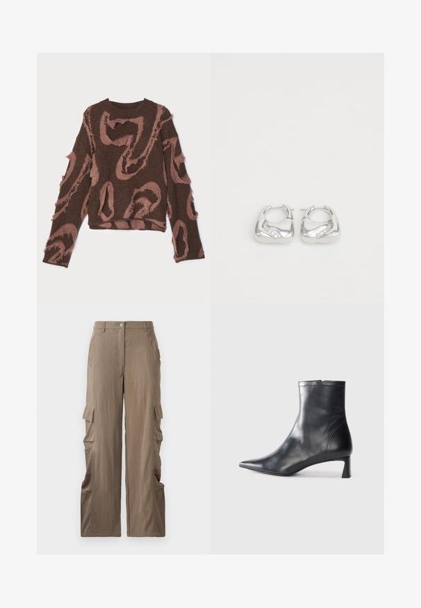 Pulover tricotat maro cu un design texturat, care prezintă zone destramate și un model roz în spirală. Guler rotund și mâneci lungi.; Pantaloni cargo dintr-un material bej deschis, cu un design drept, două buzunare laterale și două buzunare cargo pe coapse.; Cizmă de gleznă din piele neagră cu vârf ascuțit și un design elegant. Dispune de un toc mic și de o închidere cu fermoar la spate. Textură netedă.; Cercei din argint cu un design neted și rotund, având un accent ondulat cu mici cristale transparente pe o margine.