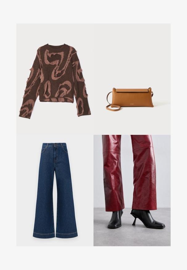 Brown knitted sweater with a textured design featuring frayed areas and a swirling pink pattern. Round neckline and long sleeves.; Wide-leg blue denim jeans with a high waist, featuring a button closure, belt loops, and subtle stitching details along the pockets and hems.; Black heeled ankle boots with a pointed toe and angular design, paired with high-waisted red leather trousers featuring a subtle pattern.; Brown leather clutch bag, rectangular shape, textured surface, detachable strap, zip closure, subtle logo embossed on front.