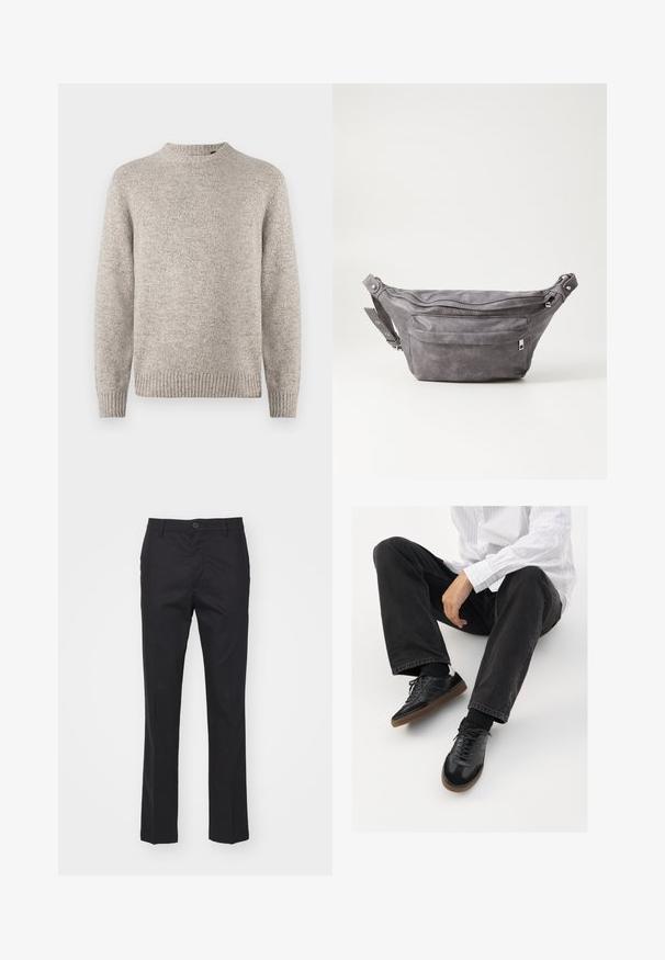 Suéter de malha cinza claro com decote redondo, punhos e barra canelados, e um acabamento texturizado. Sem padrões ou detalhes visíveis.; Calças pretas feitas de um tecido liso, apresentando um corte reto, bolsos frontais e um fecho de botão único na cintura.; Sneakers pretos com parte superior lisa e texturada, apresentando uma sola de borracha e atacadores escuros. Combinados com jeans pretos e uma camisa branca às riscas.; Pochete cinza em camurça com forma arredondada, dois compartimentos com fecho éclair e alça ajustável. Apresenta detalhes em metal.