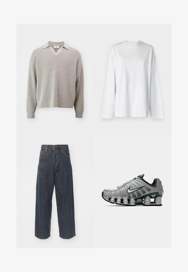 Filippa K Neule - beige/white; Weekday OVERSIZED LONG SLEEVE - Pitkähihainen paita - white; Laaja lahje tummansiniset farkut, joissa on hienovarainen kulutustekstuuri, viisi taskua ja klassinen nappi- ja vetoketjusuljenta vyötäröllä.; Harmaa ja musta Nike-juoksukenkä, jossa on näkyvää jousimaista vaimennusta pohjan alla ja valkoinen swoosh-logo sivulla.