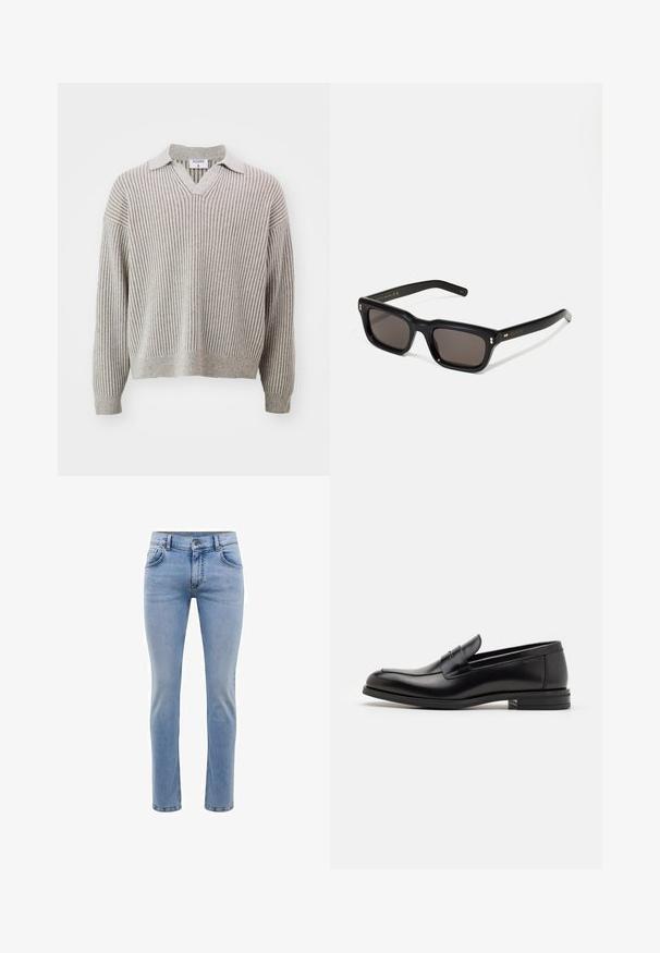 Filippa K Strickpullover - beige/white; Hellblaue, slim-fit Jeans aus Denim mit fünf Taschen und geradem Bein. Mit Reißverschluss und Gürtelschlaufen ausgestattet. Weicher Stoff.; Schwarze Lederloafers mit glatter Textur, rundem Zehenbereich und einem dekorativen Riemen über dem Vorderfuß. Niedriger, gestapelter Absatz, minimalistisches Design.; Schwarze rechteckige Sonnenbrille mit dunklen Gläsern, dickem Kunststoffrahmen, goldenen Akzenten an den Bügeln und eingraviertem Markenlogo am Arm.
