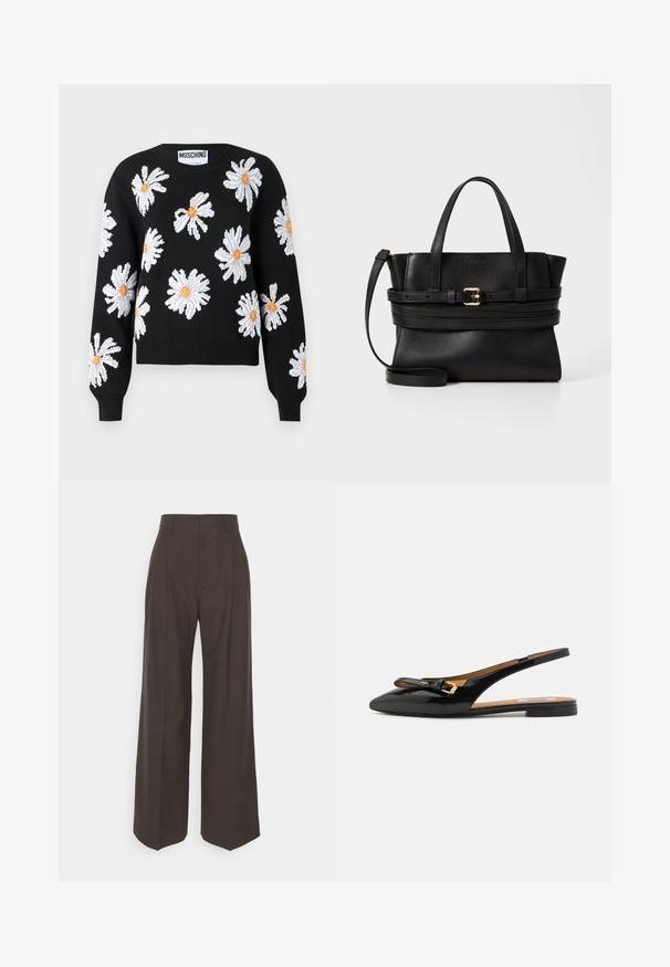 Schwarzer gestrickter Pullover mit weißen Gänseblümchen-Designs und orangenen Zentren. Gerippte Bündchen und Saum, runder Halsausschnitt und verkürzte Silhouette.; Dunkelbraune weite Hose mit hoher Taille, die über sorgfältig gebügelte Falten, eine glatte Textur und eine taillierte Passform verfügt.; Schwarze Lackleder Slingback-Ballettschuhe mit spitzem Zehenbereich, einem dezenten Schleifenakzent und goldfarbenen Beschlägen am Riemen.; Schwarze Lederhandtasche mit strukturiertem Design, doppelten Obergriffen, abnehmbarem Trageriemen und goldfarbener Schnallenakzent auf einem horizontalen Band.