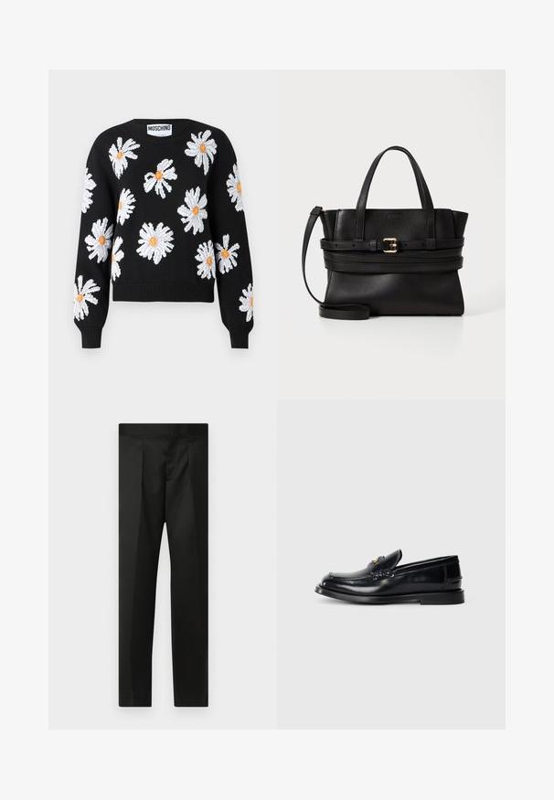 Zwarte gebreide trui met witte madelief bloemenontwerpen en oranje centra. Geribde manchetten en zoom, ronde halslijn en een cropped silhouet.; Zwarte broek van soepele stof, met een nauwsluitend ontwerp, rechte benen en een platte tailleband zonder zichtbare sluitingen of zakken.; Zwarte leren instapper met een gestikt ontwerp, een kleine voorklep en een platte rubberen zool. Glad textuur met goudkleurige hardware accent.; Zwarte leren handtas met gestructureerd ontwerp, dubbele handvatten bovenaan, afneembare schouderband en gouden gespaccent op een horizontale band.