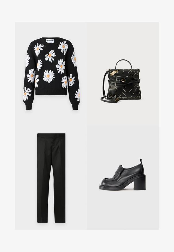 Un pull en tricot noir avec des motifs floraux de marguerites blanches et des centres orange. Manches à bords-côtes et ourlet, col rond, et silhouette courte.; Pantalon noir en tissu lisse, au design ajusté, jambes droites et ceinture plate sans fermetures ni poches visibles.; Chaussures à talons en cuir noir avec un bout rond, une bande proéminente sur le dessus et un design de talon épais. Texture lisse avec un minimum de coutures.; Sac à main en cuir noir avec des coutures géométriques blanches, une poignée supérieure et une bandoulière amovible. Présente des accents dorés et une fermeture éclair.