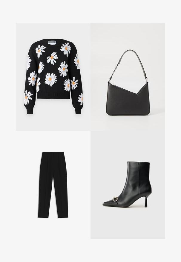 Schwarzer gestrickter Pullover mit weißen Gänseblümchen-Designs und orangenen Zentren. Gerippte Bündchen und Saum, runder Halsausschnitt und verkürzte Silhouette.; Schwarze Hose mit geradem Schnitt, doppelten Falten, einer glatten Textur und einem klassischen Bunddesign. Keine sichtbaren Beschläge oder Akzente.; Schwarze Leder-Stiefelette mit spitzer Zehe, schlankem, mittelhohem Absatz und silberner Schnalle seitlich vor einem schlichten Hintergrund.; Schwarze Lederhandtasche in dreieckiger Form, mit schmalem Tragegurt und silbernem Zubehör. Sie verfügt über einen Reißverschluss und ein geprägtes Logo auf der Vorderseite.