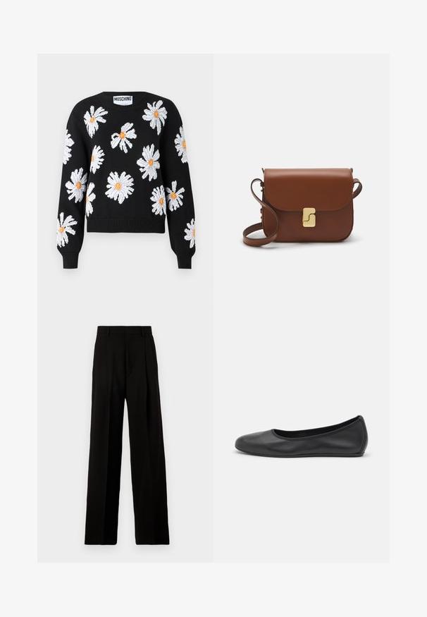 Un pull en tricot noir avec des motifs floraux de marguerites blanches et des centres orange. Manches à bords-côtes et ourlet, col rond, et silhouette courte.; Pantalons larges noirs en tissu lisse, avec une taille haute, des plis avant et un design épuré et ajusté sans embellissements.; Ballerines en cuir noir avec un bout rond, texture lisse, détails de couture minimalistes et design de semelle flexible.; Sac à main en cuir marron avec une fermeture à rabat, des accents en métal doré, une bandoulière et une texture lisse. Forme rectangulaire compacte.