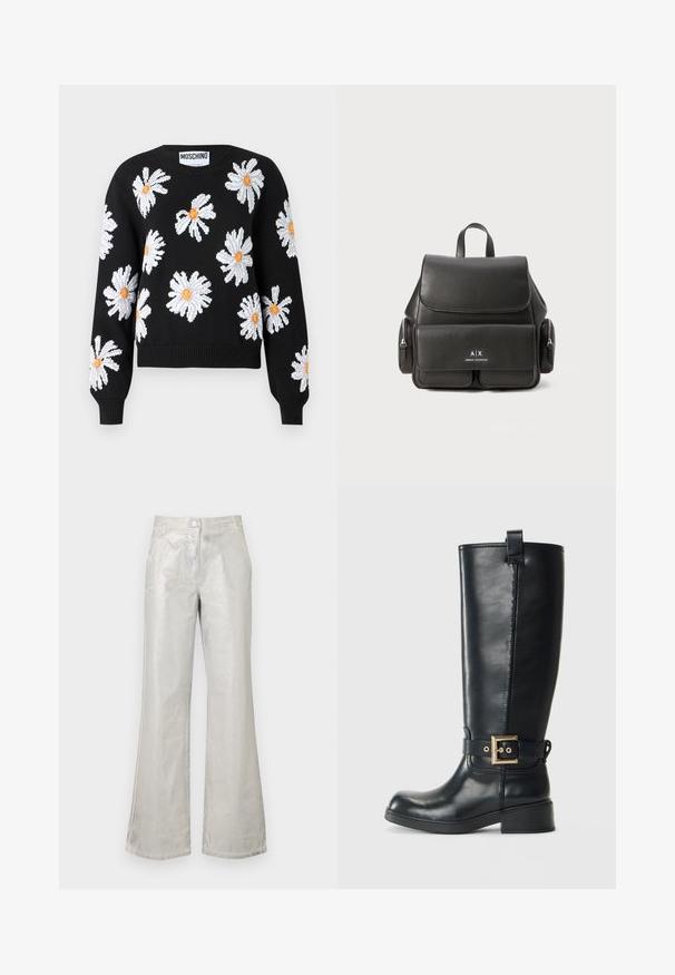 Un pull en tricot noir avec des motifs floraux de marguerites blanches et des centres orange. Manches à bords-côtes et ourlet, col rond, et silhouette courte.; Pantalons évasés argentés en matériau brillant, dotés d'un bouton frontale, de deux poches et de détails de couture visibles.; Botte en cuir noire hauteur genoux avec un petit talon bloc, sangle décorative dorée autour de la cheville, et une languette à l'arrière.; Sac à dos en cuir noir avec un rabat de fermeture, poche frontale, compartiments latéraux à zip et une poignée supérieure. Présente des détails de logo à l'avant.