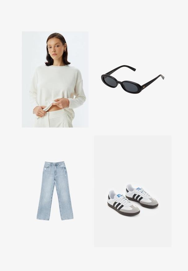 Kermansukkaripaita pitkillä hihoilla ja ribbireunalla, yhdistettynä samansävyisiin housuihin. Kangas näyttää pehmeältä ja kevyeltä.; Vaaleansiniset farkut, joissa on leveä lahje, kulutustyyliset yksityiskohdat, viisi taskua ja vetoketjusuljenta.; Urheilukengät, joissa on valkoinen nahkainen päällinen, harmaa mokkanokka ja kolme mustaa raitaa. Ominaisuuksina sininen logo kielekkeessä ja kuvioitu kumipohja.; Mustat ylisuuruiset aurinkolasit, jotka ovat soikeat linssit, sileä muovikehys ja kultaiset korostukset temppeleissä. Tummat linssit tarjoavat suojaa auringolta.