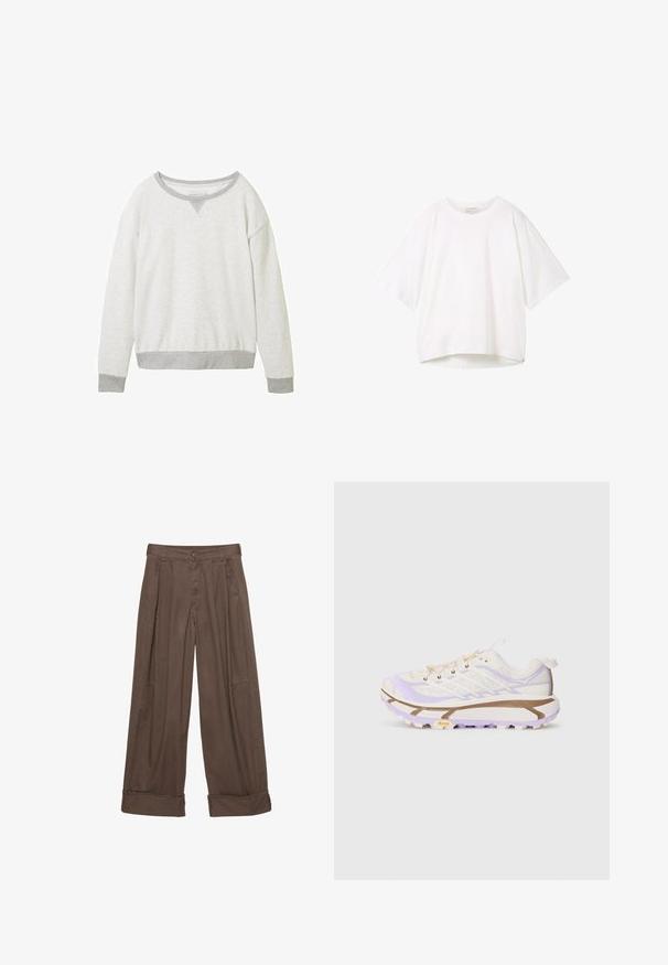 Lys grå pullover sweatshirt med rund halsudskæring, kontrasterende grå manchetter og en subtil v-formet detalje ved kraven. Blød tekstur.; Hvid kortærmet t-shirt med rund halsudskæring, afslappet pasform og en let buet kant. Fremstillet af glat, blødt stof med minimale sømme.; Brune brede bukser lavet af bomuld, med knaplukning, plisseret front og optrækkede ben for en afslappet pasform.; Letvægts løbesko med en cremet og lavendel mesh-overdel, forstærket gummisål og karakteristiske riller til trækkraft.
